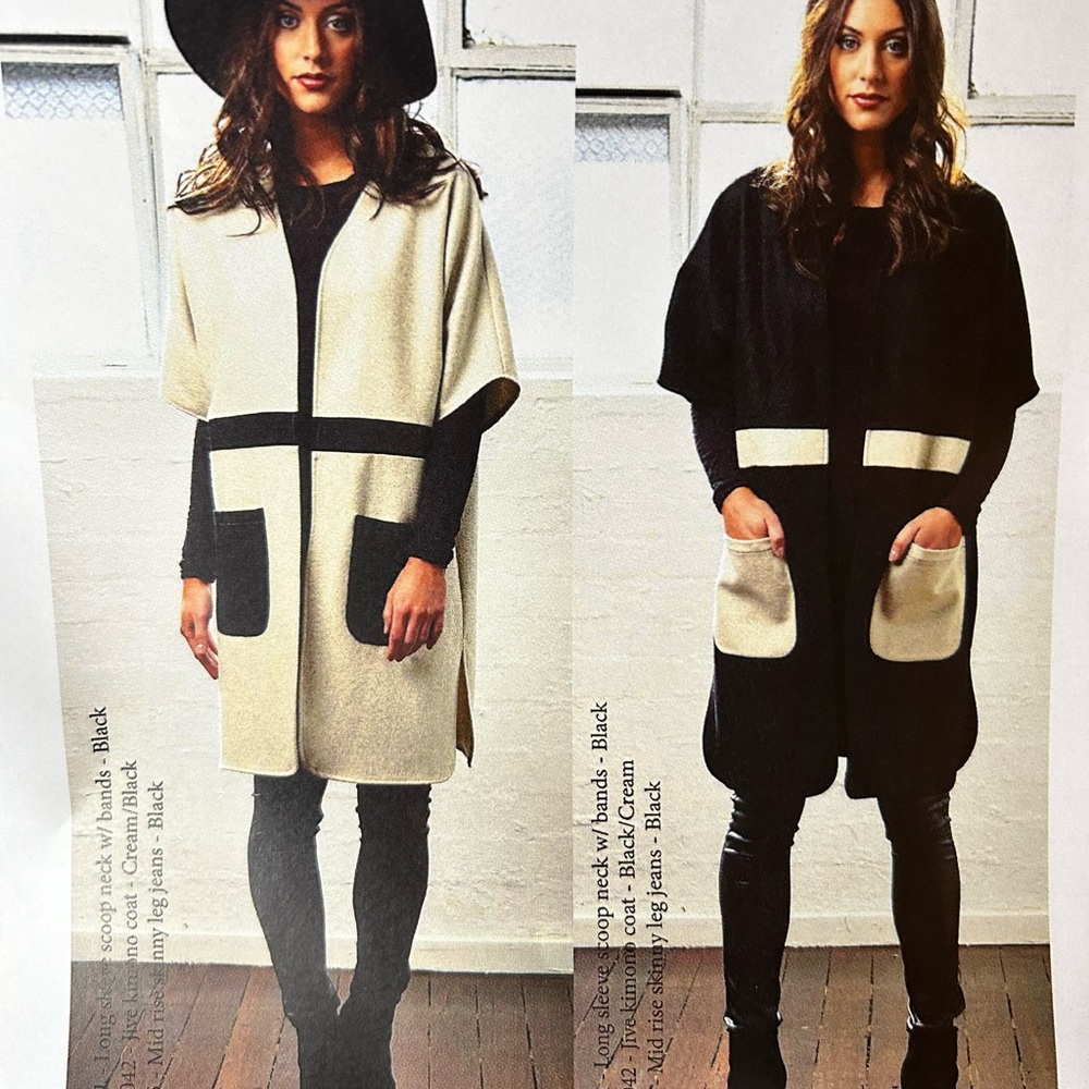 VIGORELLA Jive Kimono women’s Black/Cream wool and viscose sweater coat. Size S